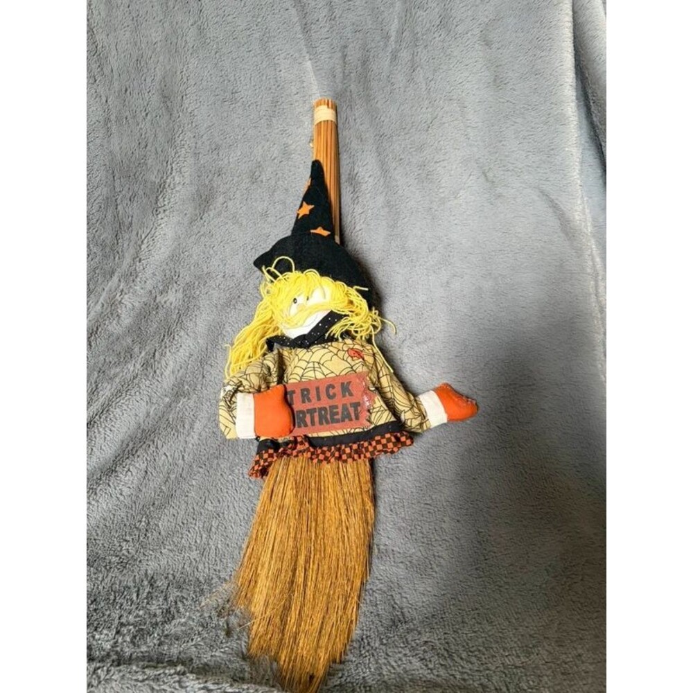 Soft Scarecrow Witch Doll On Broom Halloween Decor Trick Or Treat Sign read